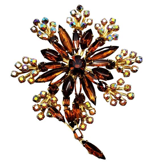 1960s Amber Rhinestone Flower Brooch Oversized Gold Tone Retro Statement AB MCM - Picture 1 of 6